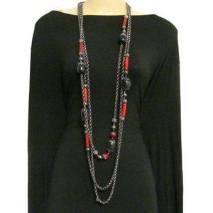 Vintage 3 Strand Red and Black Bead Long Chain Necklace